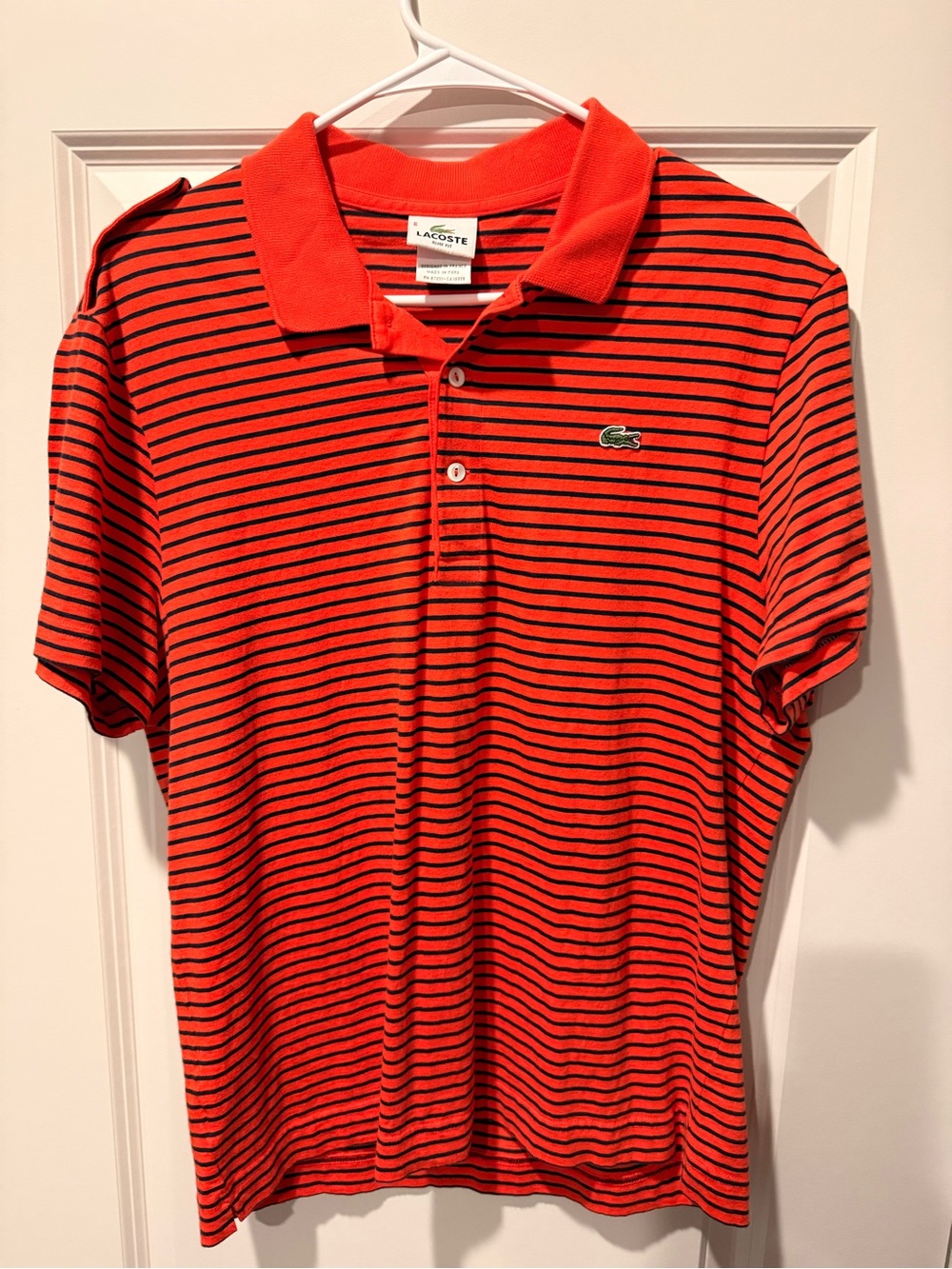 Lacoste Slim Fit Brick Red/Orange and Navy Polo with Shoulder Strap Detail